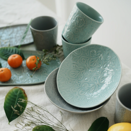 Light Cyan Embossed Vine Ceramic Tableware