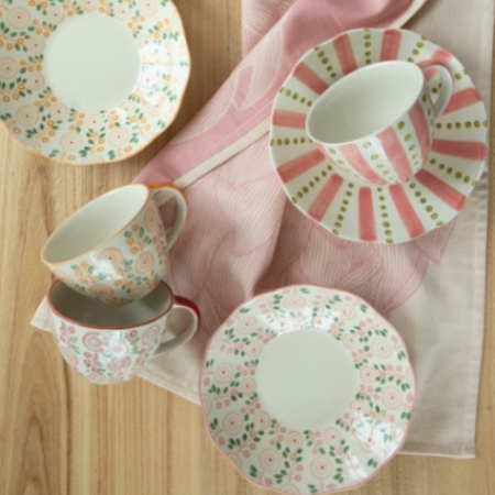 Pastel Floral Stripe Ceramic Cup & Saucer