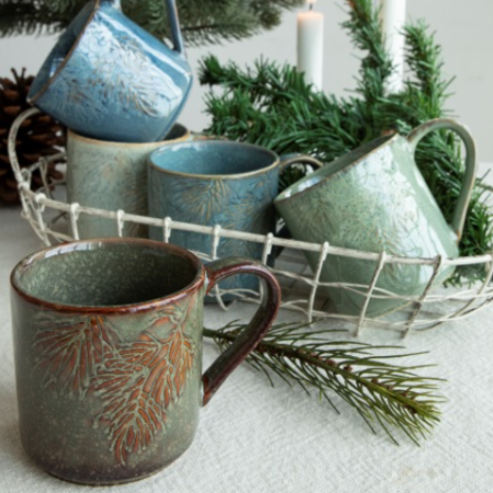 Vintage Pine Leaf Glaze Ceramic Mugs
