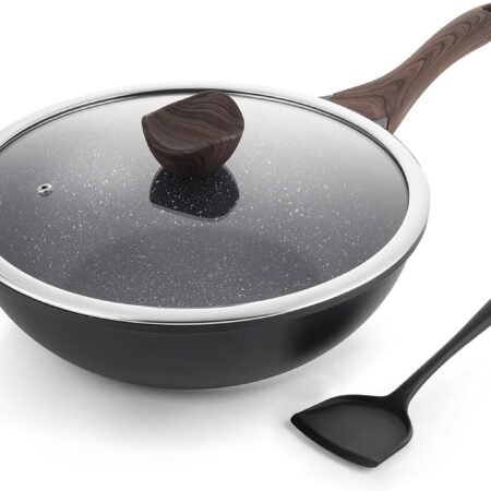 Nonstick Wok with Lid, 12 Inch Woks & Stir-fry Pans, Granite Stone Coating for Cooking, Induction , Compatible with All Stovetops, PFOA Free