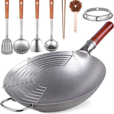 Carbon Steel Wok Traditional Hand Hammered - 13.4" Chinese Woks Round Bottom Wok Pan Set with 8 Pcs  Accessories