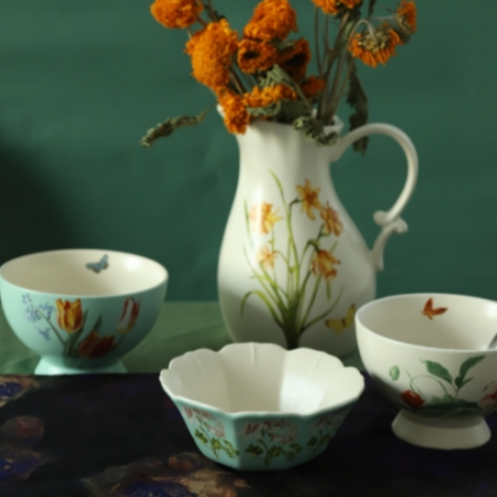 Butterfly & Tulip Ceramic Bowls & Pitcher