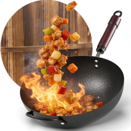 Wok Pan, Carbon Steel Wok, Woks & Stir-Fry Pans Nonstick, 13 Inch Wok Pan with Wooden Lid, Pre-Seasoned Carbon Steel , 5.8QT Flat Bottom Chinese Wok Pan, Compatible with All Cooktops