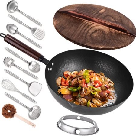 12.8" Carbon Steel Wok-11Pcs Woks & Stir Fry Pans Wok Pan with Lid, No Chemical Coated Chinese Woks with 10  Accessories, Flat Bottom Wok for Electric, Induction,Gas Stoves