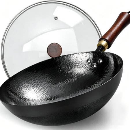 Carbon Steel Wok Pan, 11.8-Inch Nonstick Pre-Seasoned Woks & Stir-Fry Pans with Glass Lid, No Chemical Coated Wok Round Bottom Hand Hammered Chinese Wok for Gas Stoves
