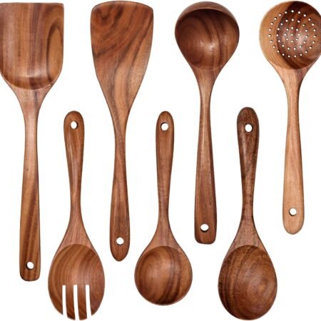 Wooden Non-Stick Kitchen Pan Toolset 7 Pieces Set, Natural Kitchen Utensils Spatula, Wooden Cooking Utensils Spoons, Fried Spatula and Salad Fork